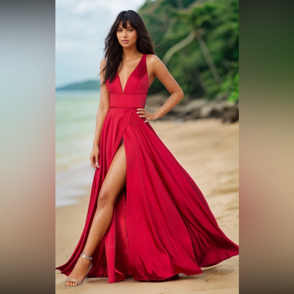 Floor length open back red gown